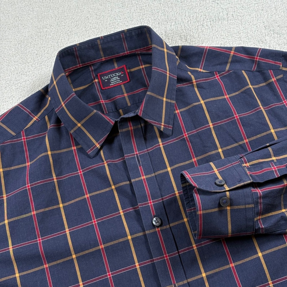 UNTUCKit Georgio WF Navy Plaid Wrinkle Free Cotton Shirt Mens Large